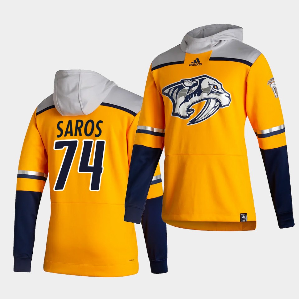 Men Nashville Predators #74 Saros Yellow NHL 2021 Adidas Pullover Hoodie Jersey